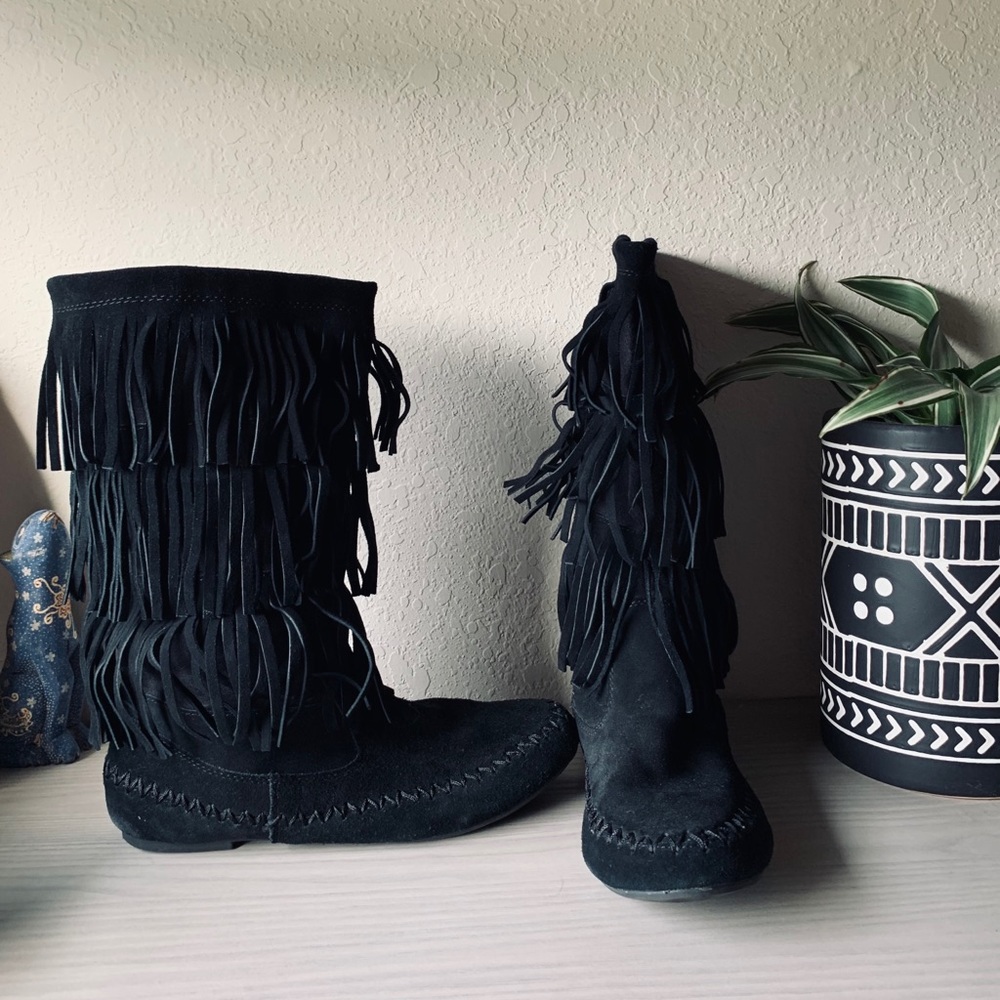 Leather fringe boots